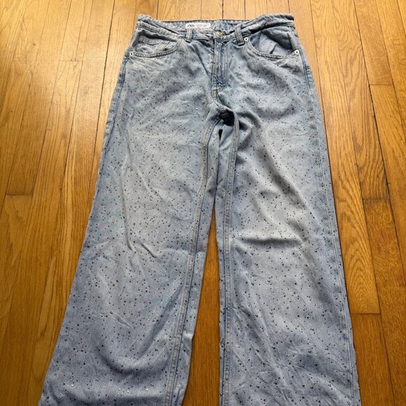 Zara Size 6 Light Wash Denim Rhinestone Embellished Distressed Wide Leg Jeans - Picture 3 of 16